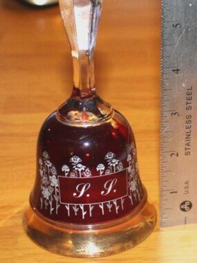 Vintage Ruby Stained Art Glass Bell with Hand-Painted Floral Motif & Initials